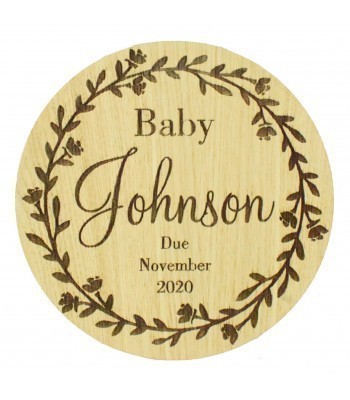 Laser Cut Oak Veneer Personalised Birth Announcement Plaque - Surname & Due Date with Floral Leaf Frame